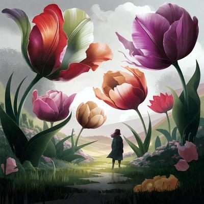 The primary subject of the image is a person walking through a field of flowers. The setting is a lush green field with a variety of flowers, including red, yellow, and purple ones. The visual style is a combination of digital art and illustration, creating a vibrant and colorful scene. The colors and mood of the image are predominantly warm and cheerful, with the flowers adding a sense of beauty and tranquility to the environment.